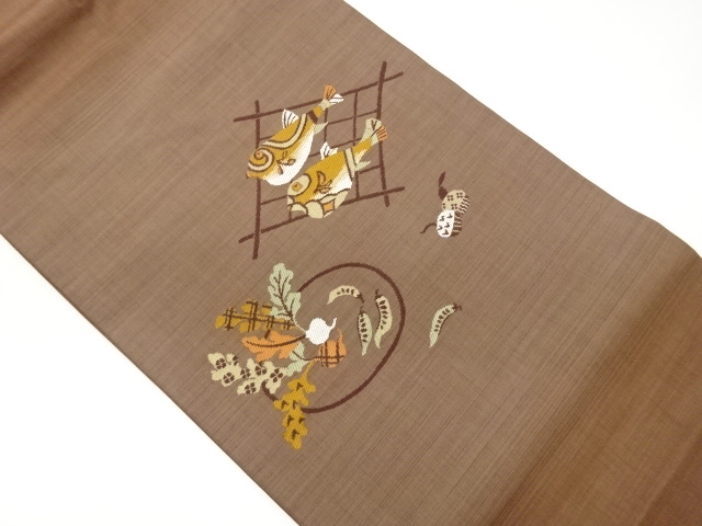 魚に野菜模様織出し名古屋帯